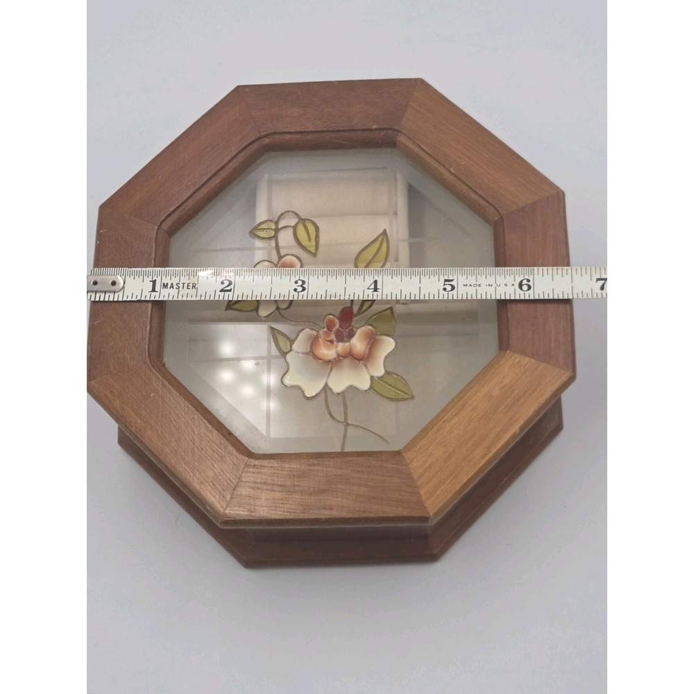 Vintage Wooden Jewelry Box With Flowers On Glass 6.5 in Octagon Lid. - Picture 6 of 10